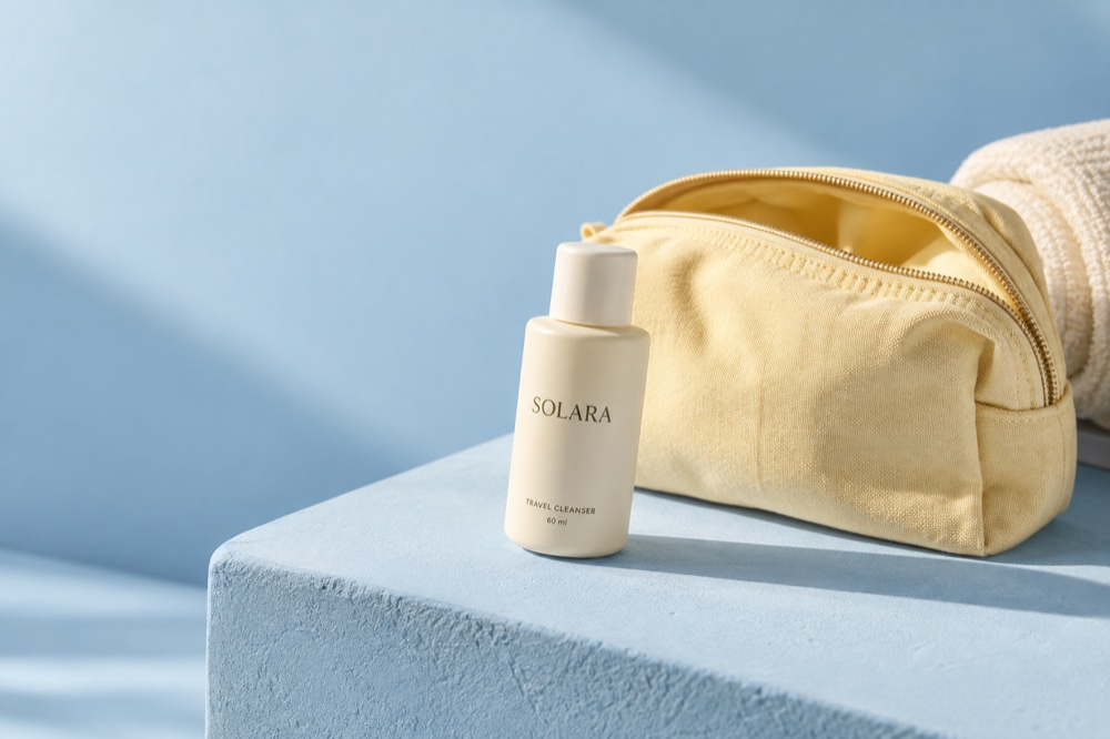 Solara Travel Cleanser beside a yellow travel bag on a sunlit blue ledge